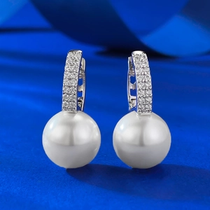Elegant Round Artificial Pearl Drop Earrings With 925 Sterling Silver Earring Post And Micro Pave Cubic Zirconia Fashion Jewelry