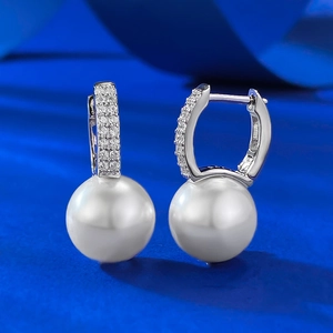 Elegant S925 sterling silver hoop earrings with 11mm white pearls and pave cubic zirconia
