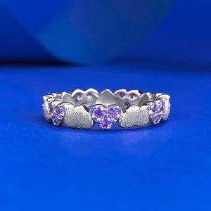 Bague Coeur en Argent Sterling 925 pour Femme Vintage Brossé Strass Violet Incrusté Mode Romantique Bijoux de Doigt Cadeau