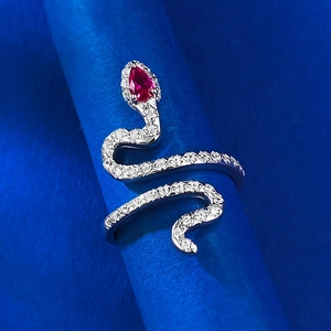 Elegant S925 silver snake ring with pear-cut red ruby stone and sparkling crystal pavé