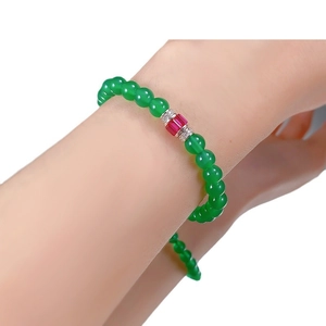 S925 silver bracelet with green agate beads and a central red gemstone charm