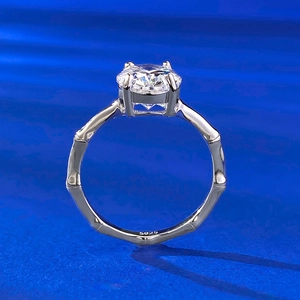 S925 sterling silver bamboo joint ring with 8x10mm oval white moissanite solitaire