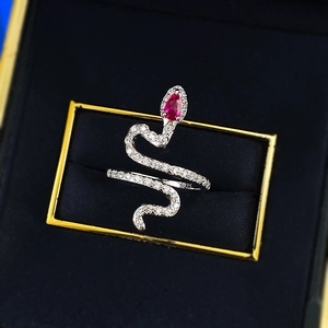 S925 sterling silver snake ring with micro-pave diamonds and red pear-cut gemstone