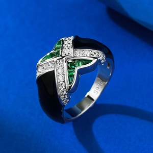 S925 sterling silver ring with black enamel, green zircon and geometric cross design
