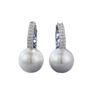Elegant S925 sterling silver huggie earrings with 11mm pearls and micro-pave crystals