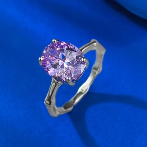 Bague en argent S925 avec pierre ovale lavande et anneau au design de style bambou