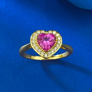 S925 sterling silver heart-shaped pink sapphire halo ring with a polished gold finish
