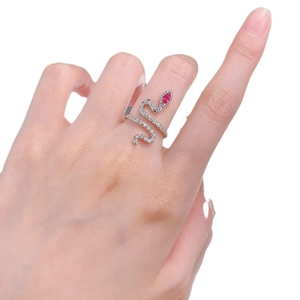 S925 sterling silver snake ring with pavé cubic zirconia and a red pear-cut gemstone