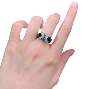 S925 silver cross ring with green and black hearts and micro-pave zircons for women