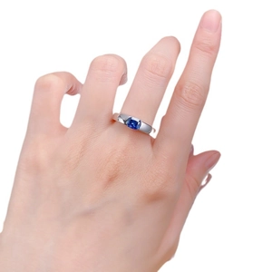 Square blue gemstone ring in minimalist S925 sterling silver band worn on finger