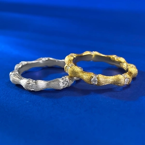 Handcrafted S925 sterling silver bamboo joint rings in gold and silver with zircon accents