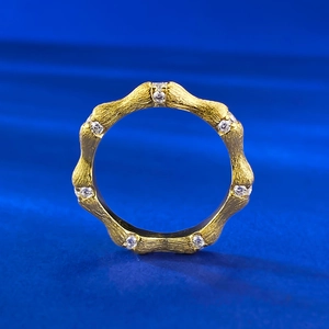 Elegant gold plated S925 silver bamboo ring with brushed texture and sparkling crystals