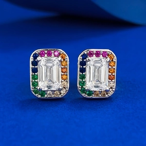 925 Sterling Silver Rainbow Emerald Cut Stud Earrings Geometric Square Rhinestone Pave Jewelry For Women Party Daily Wear