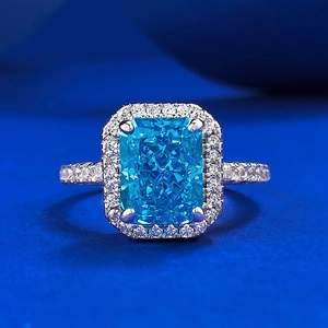 Luxury 925 Sterling Silver Radiant Cut Aquamarine Blue Stone Ring Halo Rhinestone Engagement Wedding Band For Women Jewelry