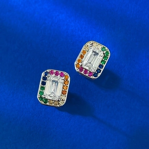 925 silver rectangle earrings with emerald-cut white crystal and rainbow halo crystals