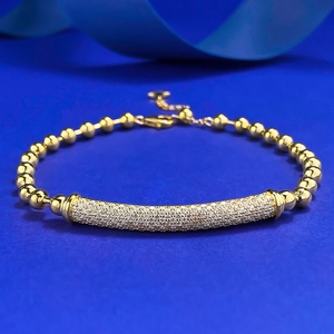 925 Sterling Silver Gold Plated Bead Bracelet With Rhinestone Pave Arc Tube Adjustable Chain Fashion Jewelry For Women