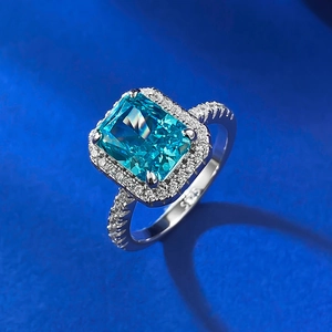 Classic S925 silver engagement ring with emerald cut blue carbon diamond and halo setting