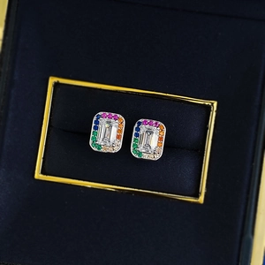 925 sterling silver rectangle stud earrings with rainbow crystal pavé border
