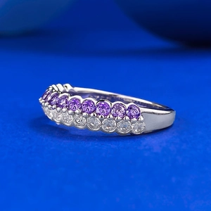 Elegant S925 sterling silver ring with double row purple and white crystal stones