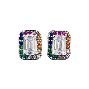 925 silver stud earrings with rectangular white crystal and rainbow halo stones