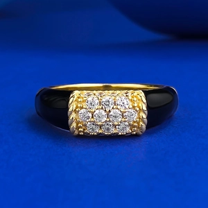 Bague en Argent Sterling 925 Agate Noire Vintage pour Femme Géométrique Incrustée de Strass Plaqué Or Bijoux de Mode Cadeau