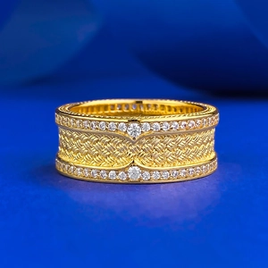 Bague Large en Argent Sterling 925 Plaqué Or Femme Vintage Texture Tressée Double Rangée Strass Géométrique Bijoux