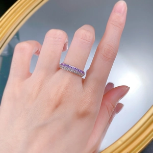 Elegant S925 silver double-row ring with purple and white round-cut gemstones
