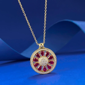 Exquisite S925 gold-plated floral pendant necklace with ruby petals and crystal details