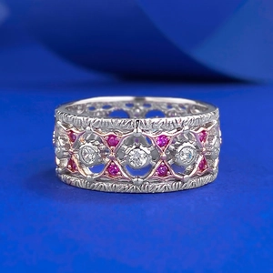 925 Sterling Silver Vintage Lace Pink Rhinestone Ring Retro Openwork Geometric Finger Ring For Women Fashion Jewelry Accessory