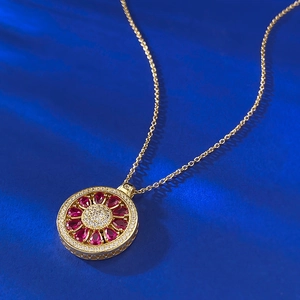 Luxurious gold S925 silver sunflower pendant necklace with red gemstones and pavé crystals