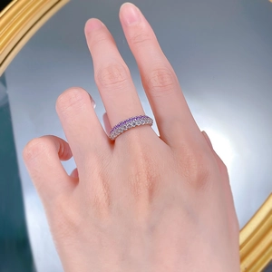 Detail of S925 silver ring featuring double-row purple and white pavé-set stones
