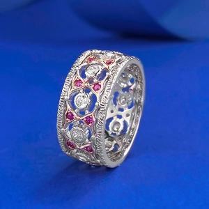 Vintage S925 silver hollow lace ring featuring white zircon and ruby red stones