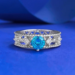 Bague en Argent Sterling S925 Bleu Mer Taille Feu d'Artifice Ronde Vintage Géométrique Creuse Avec Strass Femme