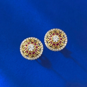 Luxurious S925 silver gold-plated flower stud earrings with red and white gemstones
