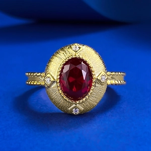 Bague en Argent Sterling 925 Rubis Rouge Sang de Pigeon Vintage Pour Femmes Plaqué Or Brossé Bijoux Strass Rétro