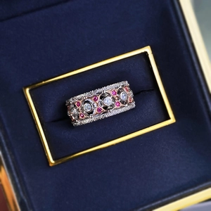 Vintage S925 silver lace ring with pink and white gemstones in a velvet box