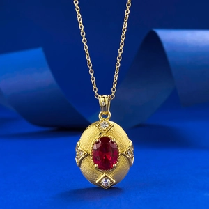 S925 Sterling Silver Garnet Pendant Necklace For Women Vintage Chinese Style Brushed Gold Plated Oval Red Stone Rhinestone Jewelry