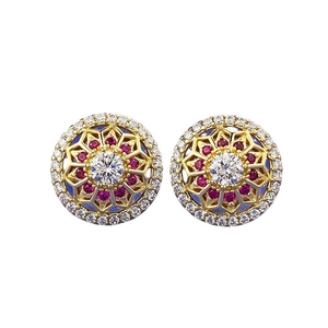 S925 silver gold-plated mandala earrings with red and white gemstones in floral design