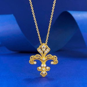 S925 Sterling Silver Fleur De Lis Pendant Necklace Vintage Gold Plated Rhinestone Inlaid Jewelry For Women Gift Accessory