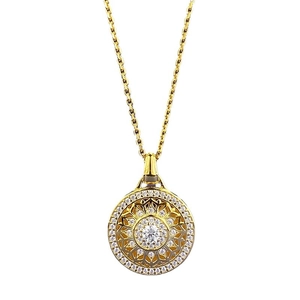 Collier en argent S925 doré avec pendentif boussole mandala et zircons scintillants