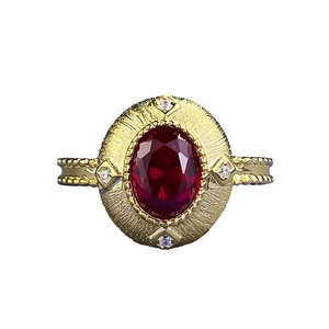 Bague rétro en argent S925 doré avec texture brossée et pierre de rubis ovale