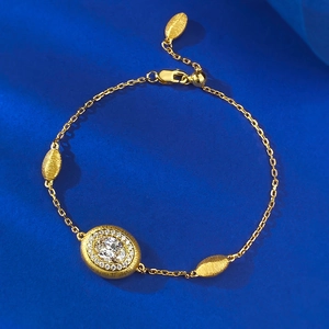 Bracelet Ajustable Vintage en Argent Sterling 925 Plaqué Or Brossé Ovale avec Strass pour Femmes Bijoux de Luxe