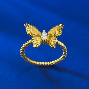 Elegant gold-plated S925 silver butterfly ring with marquise crystal and rope texture