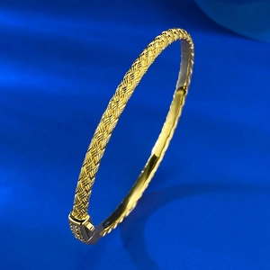 Bracelet Jonc Tissé en Argent Sterling 925 Plaqué Or pour Femmes Hommes Bijoux de Mode avec Strass Incrustés Vintage