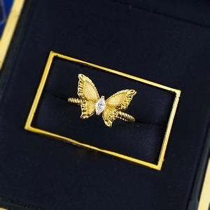 S925 silver gold-plated bow ring with frosted texture and white marquise stone
