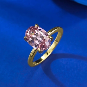 Bague en argent S925 doré avec pierre de diamant rose ovale de 7x10mm en carbone