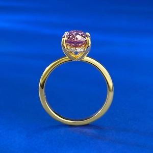 Bague en argent S925 plaqué or avec diamant carbone rose ovale 7x10mm en serti griffes