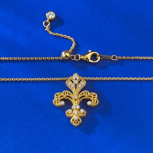 S925 sterling silver gold plated fleur-de-lis pendant necklace with micro-pave zircons