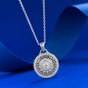 S925 silver sunflower compass pendant necklace with white crystals on blue silk