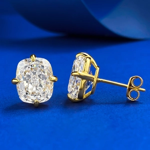 Classic cushion-cut S925 silver gold-plated stud earrings with clear sparkling zircons
